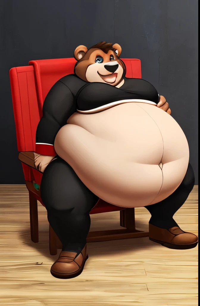 le bear, fat, obese, tight suit, in a chair, big pec, male, weight gain, huge belly, mega obese, inmobily
