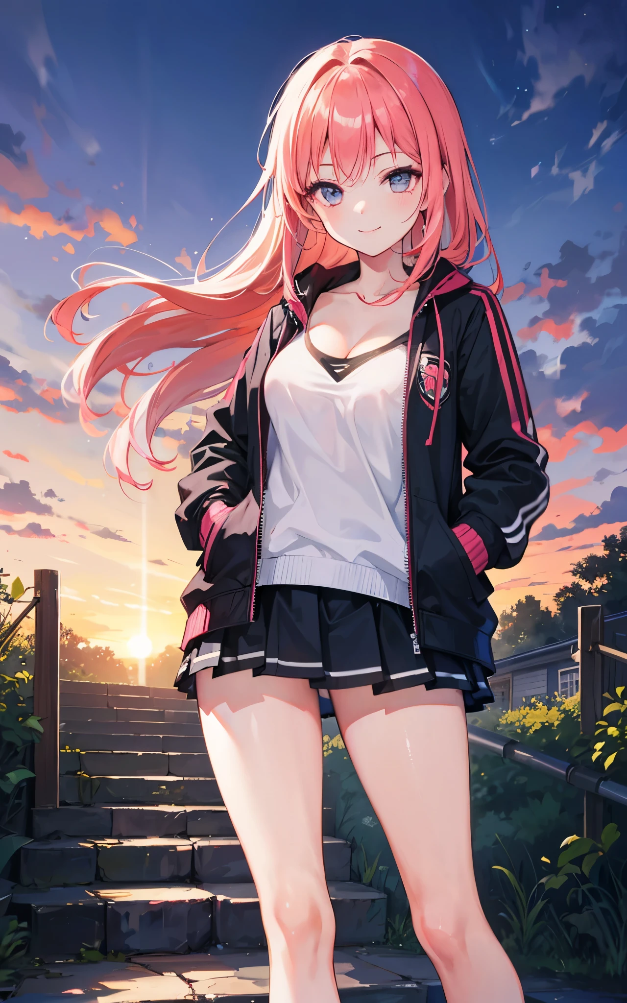 1girl, a girl standing on the down stairs, rural, sunset, sky, smile, mid riff, cleavage, jacket, sporty looks