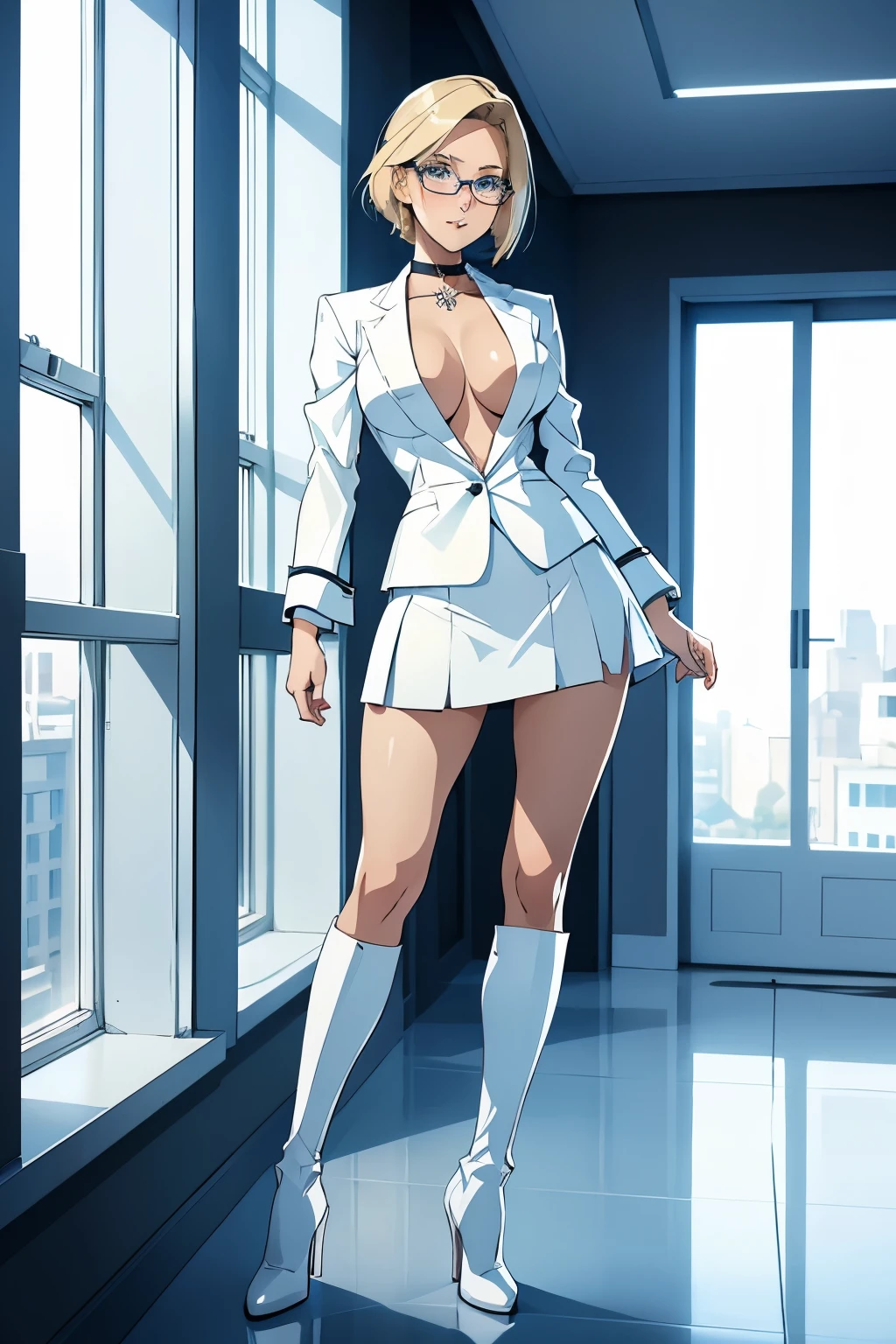 female, short straight blonde hair, blue eyes, white suit jacket, white skirt, long white high heel boots, black choker, no t shirt, medium boobs, glasses, blushing, in front of a window