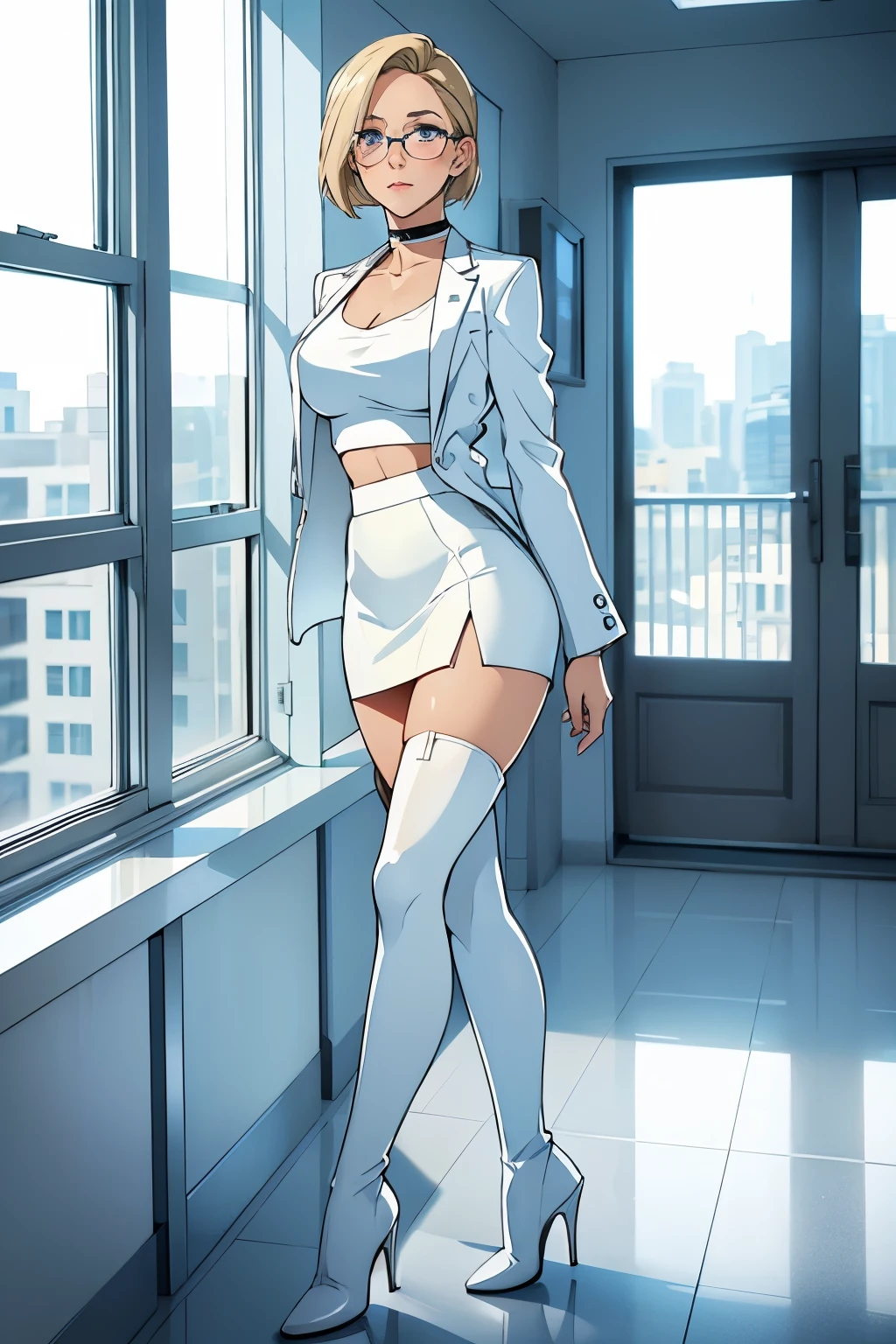 female, short straight blonde hair, blue eyes, white suit jacket, white skirt, long white high heel boots, black choker, no t shirt, medium boobs, glasses, blushing, in front of a window