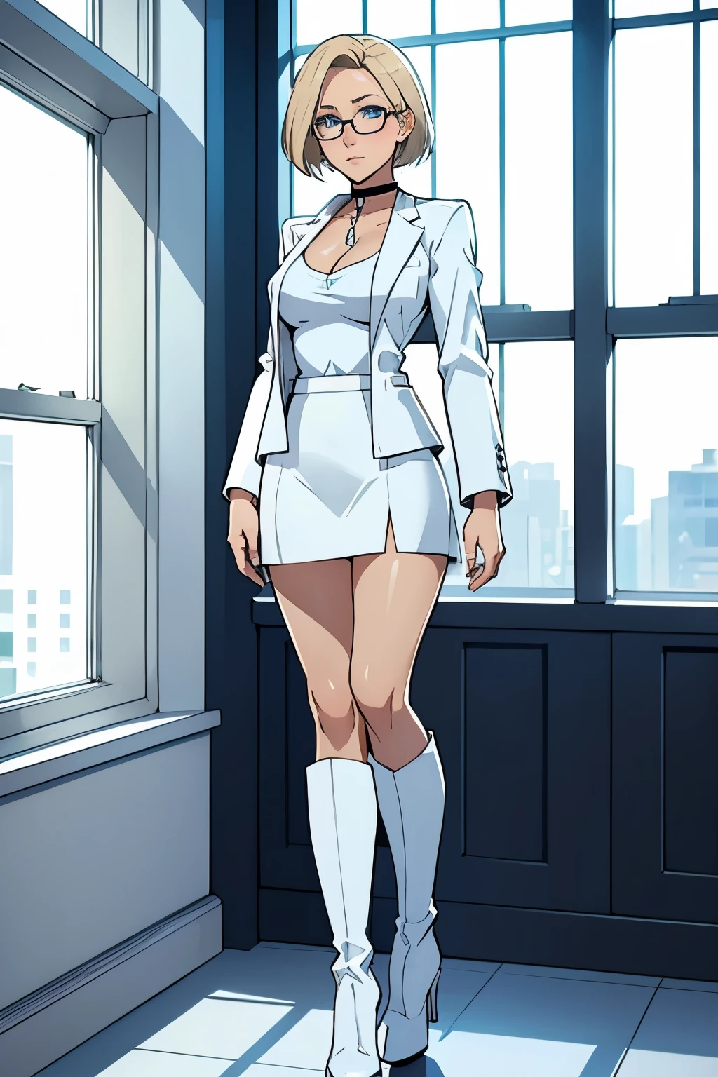 female, short straight blonde hair, blue eyes, white suit jacket, white skirt, long white high heel boots, black choker, no t shirt, medium boobs, glasses, blushing, in front of a window