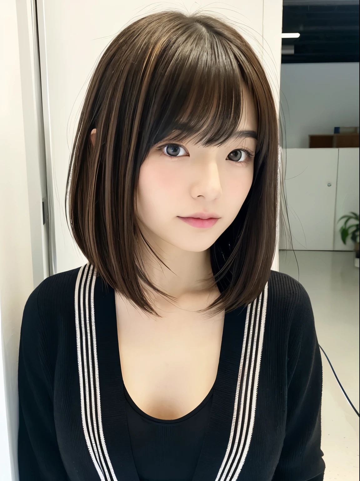 Japan female in her 20s、Loosely permed bob hair、wearing a black cardigan、Taken in front of a white wall、Inside a white walled room with a window、light bob、Brown hair with streaks like a foreigner's、average face of a japanese woman
