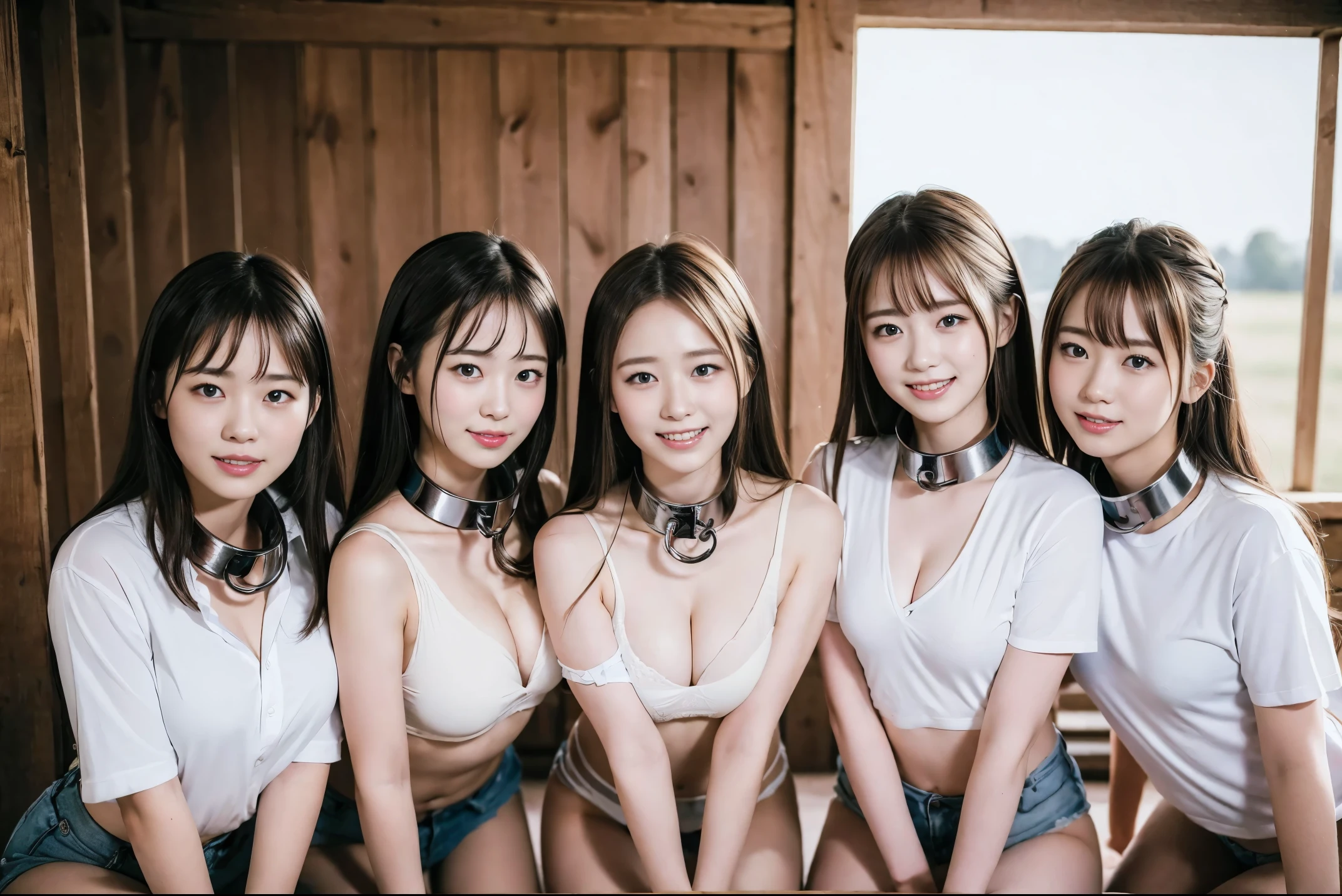 (8K, An ultra-high picture quality,top-quality),(​masterpiece:1.5),Five high school girls kept in a livestock barn,student clothes,surround me,Look up at me,Iron collar,red blush,a smile