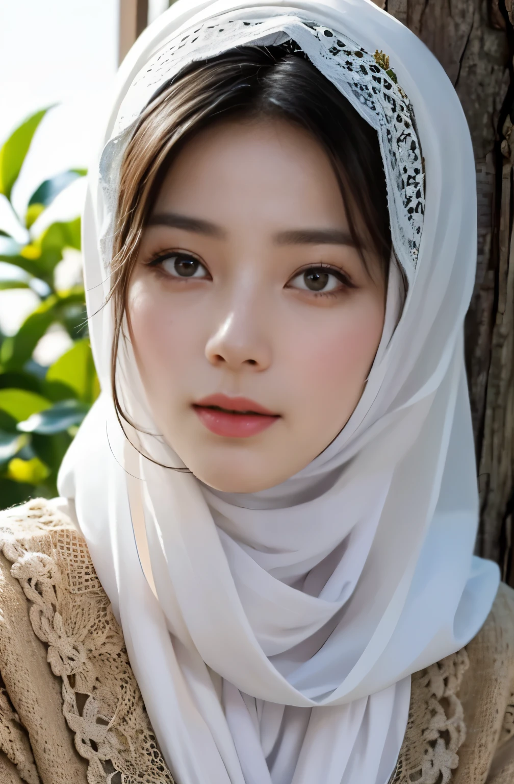 A detailed portrait of an Asian girl wearing a white Hijab, with beautiful and intricate details in the eyes, nose, and lips. The girl has a serene and confident expression on her face. The Hijab is made with high-quality material, and it is beautifully draped around her head, covering her hair and framing her face. The Hijab has delicate embroidery or lace details, adding to its elegance.

The picture has a medium texture, resembling an oil painting. The strokes are visible, giving the artwork a realistic and artistic feel. The colors are vivid and vibrant, with a warm color tone to create a cozy and inviting atmosphere.

The lighting in the picture is soft and flattering, emphasizing the girl's features and enhancing the overall mood. It creates a gentle contrast between light and shadow, adding depth and dimension to the image.

The background is a serene garden or nature setting, with lush greenery, colorful flowers, and maybe a hint of sunlight streaming through the trees. The surroundings complement the girl's peaceful and graceful demeanor, creating a harmonious composition.

The image is of the best quality, with ultra-detailed elements and high resolution. Every aspect, from the girl's facial features to the texture of the Hijab, is meticulously represented. The artwork has a photorealistic quality, as if it was captured by a professional photographer.

Overall, the prompt aims to capture the beauty and uniqueness of an Asian girl wearing a white Hijab, highlighting the intricate details of her face and the elegance of the Hijab itself. The medium, lighting, and color tone enhance the visual impact, while the garden background adds a sense of tranquility and harmony.