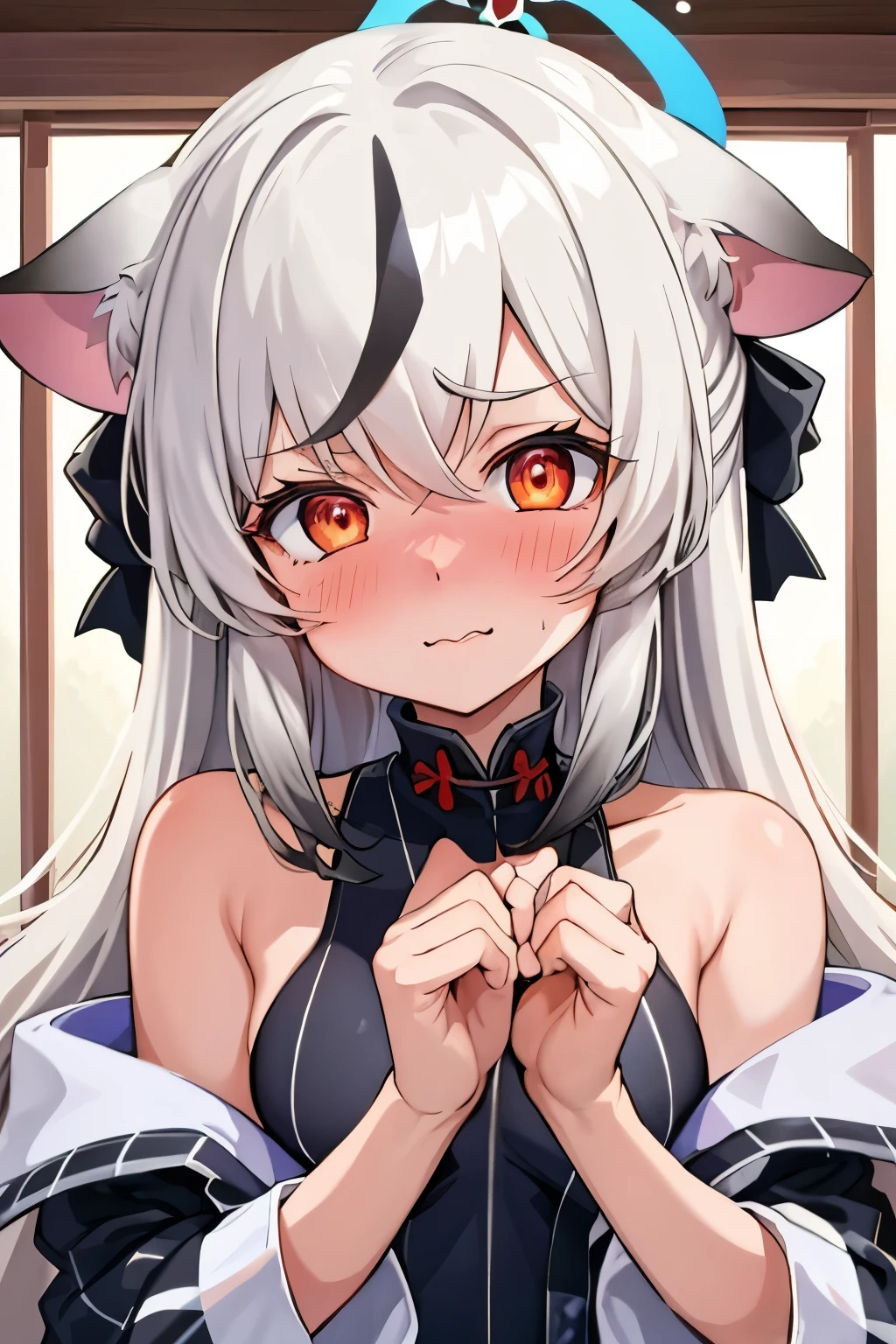 1girl, kokona, indoors, orange eyes, white hair, :3 mouth, embarrassed, beautiful eyes, beautiful lips, shiny lips, extremely detailed eyes and face, long eyelashes, close-up, warm lighting, vibrant colors, looking at the viewer, embarrassed look, blush, Christmas outfit, Christmas atmosphere