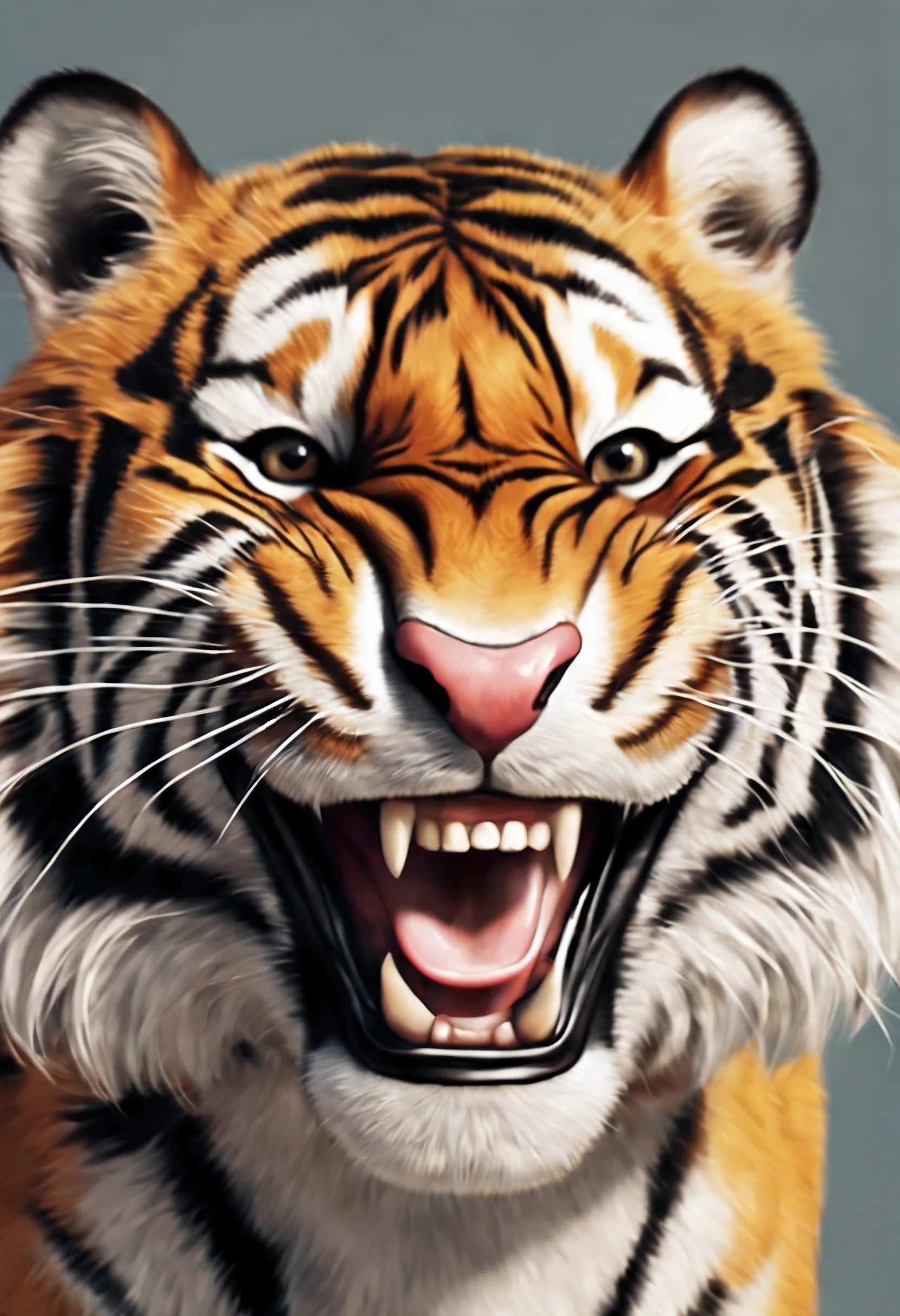 photo realistic, close-up portrait of funny tiger laughing, detailed , cute, funny
