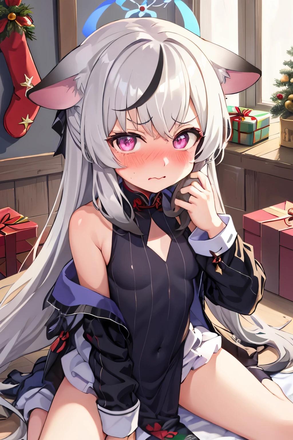 1girl, kokona, indoors, purple eyes, white hair, :3 mouth, embarrassed, beautiful eyes, beautiful lips, shiny lips, extremely detailed eyes and face, long eyelashes, close-up, warm lighting, vibrant colors, looking at the viewer, embarrassed look, blush, Christmas outfit, Christmas atmosphere