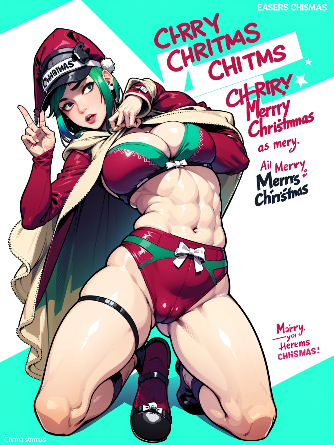 ela_(rainbow_six_siege), masterpiece, best quality, 1girl, green hair, cuerpo completo , grandes tetas, gran trasero, voluptuoso, piernas abiertas , pose sexy , escote , Christmas hat , Christmas Clothes, nieve , christmas lingerie, christmas coat , christmas stockings , christmas heels