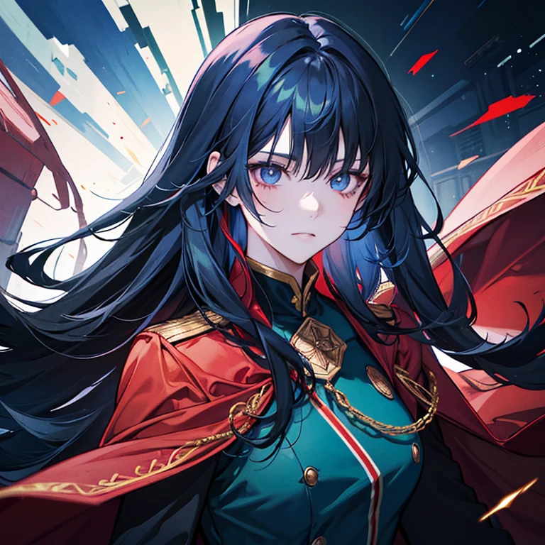 A girl with long black hair wearing a red military uniform,Blue inner color for hair,Has bangs,Eyes are blue,Glowing blue eyes,red military uniform with green cape,Beauty,A slight smil,