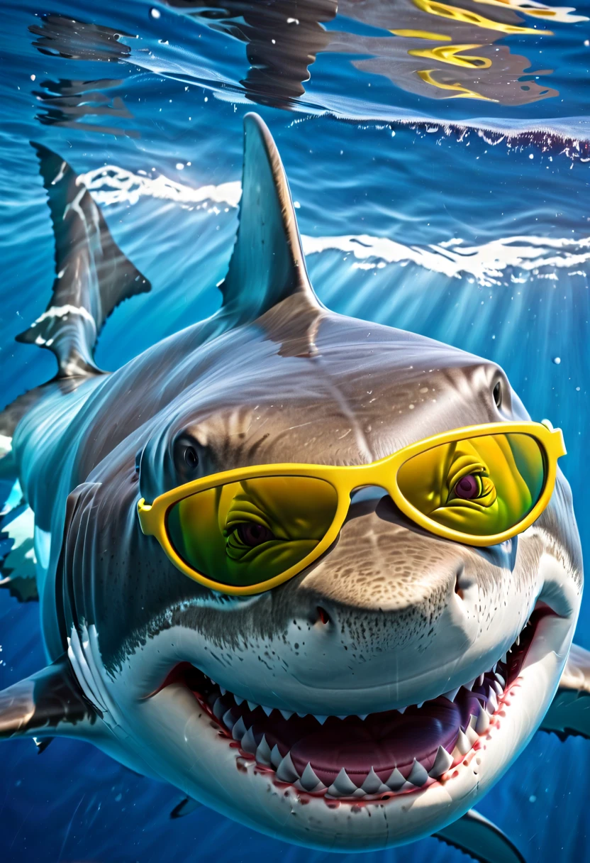 "(best quality,ultra-detailed,realistic:1.37),portrait,white shark,smiling,with sunglasses ,old school Disney style animation,vivid colors,natural lighting,underwater scene"