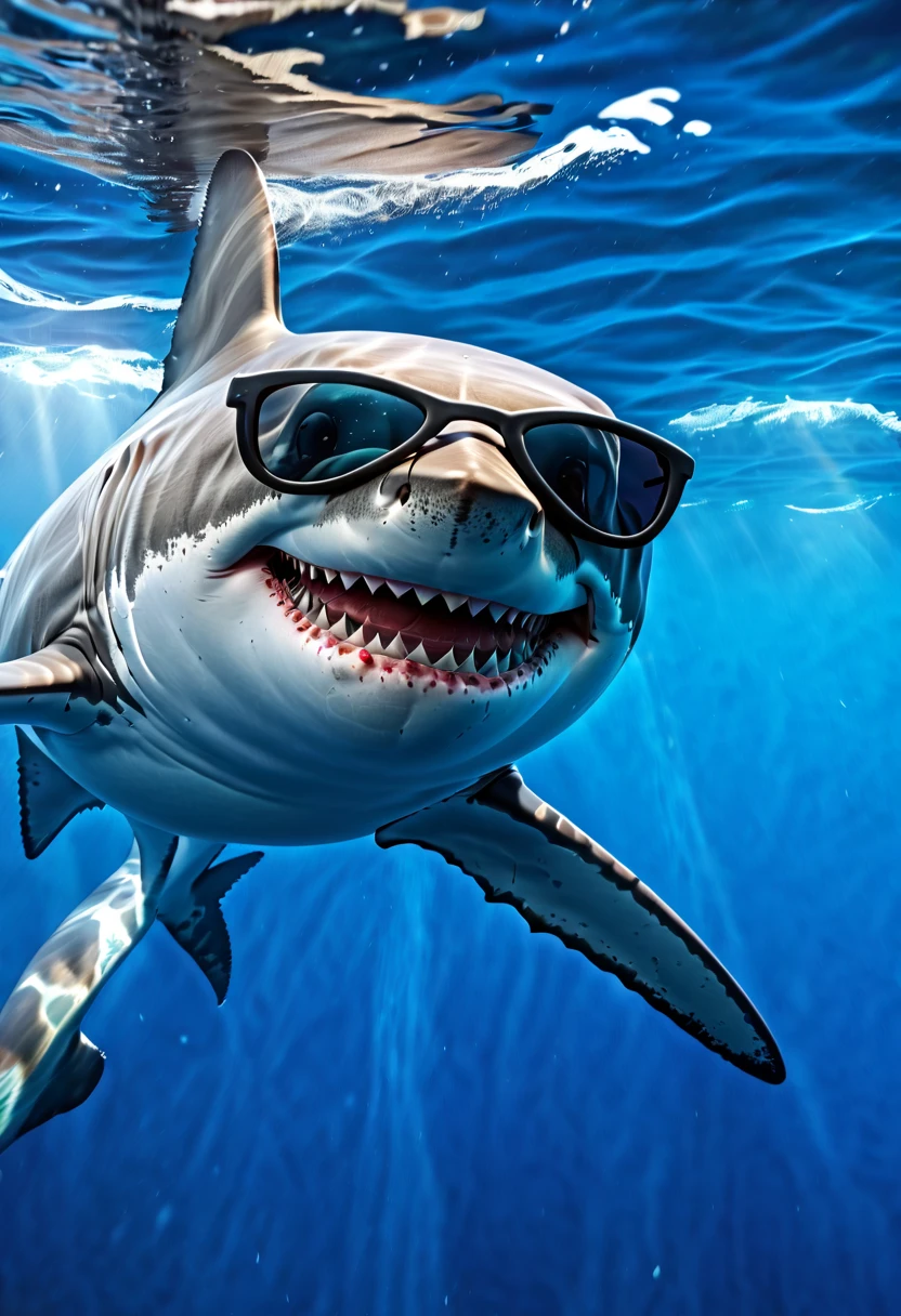 "(best quality,ultra-detailed,realistic:1.37),portrait,white shark,smiling,with sunglasses ,old school Disney style animation,vivid colors,natural lighting,underwater scene"