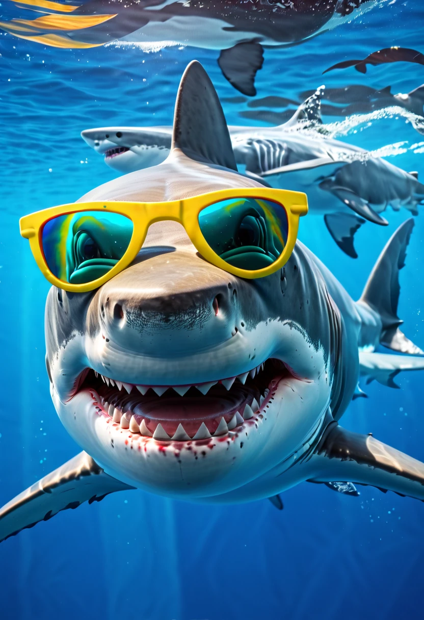 "(best quality,ultra-detailed,realistic:1.37),portrait,white shark,smiling,with sunglasses ,old school Disney style animation,vivid colors,natural lighting,underwater scene"