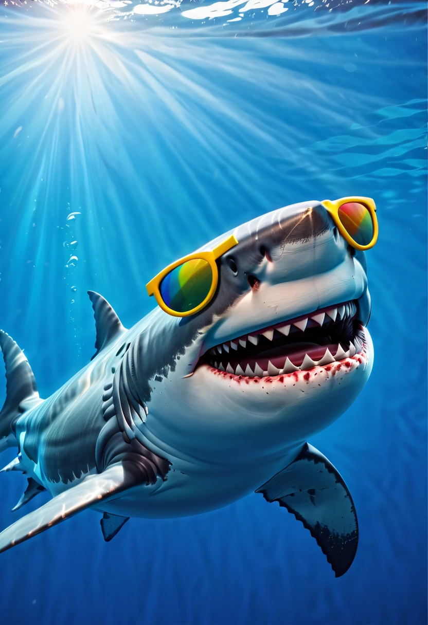 "(best quality,ultra-detailed,realistic:1.37),portrait,white shark,smiling,with sunglasses ,old school Disney style animation,vivid colors,natural lighting,underwater scene"