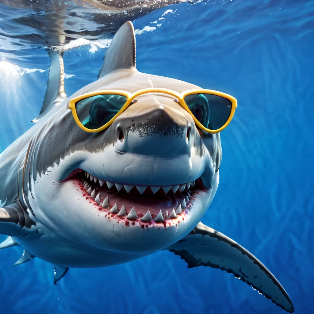 "(best quality,ultra-detailed,realistic:1.37),portrait,white shark,smiling,with sunglasses ,old school Disney style animation,vivid colors,natural lighting,underwater scene"