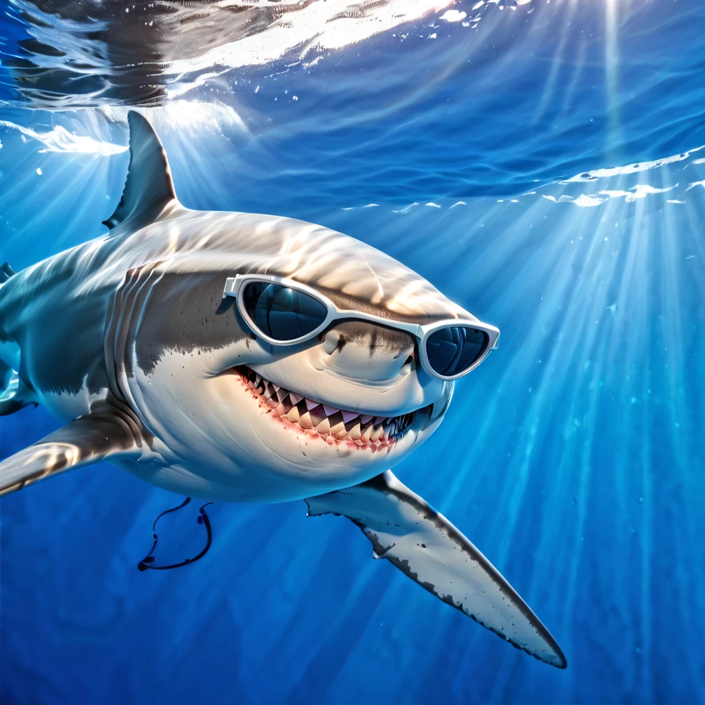 "(best quality,ultra-detailed,realistic:1.37),portrait,white shark,smiling,with sunglasses ,old school Disney style animation,vivid colors,natural lighting,underwater scene"