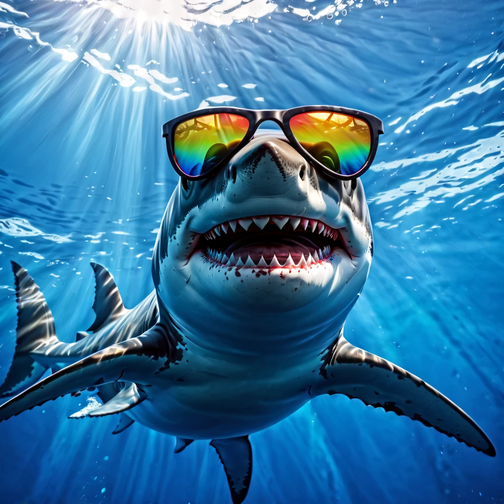 "(best quality,ultra-detailed,realistic:1.37),portrait,white shark,smiling,with sunglasses ,old school Disney style animation,vivid colors,natural lighting,underwater scene"