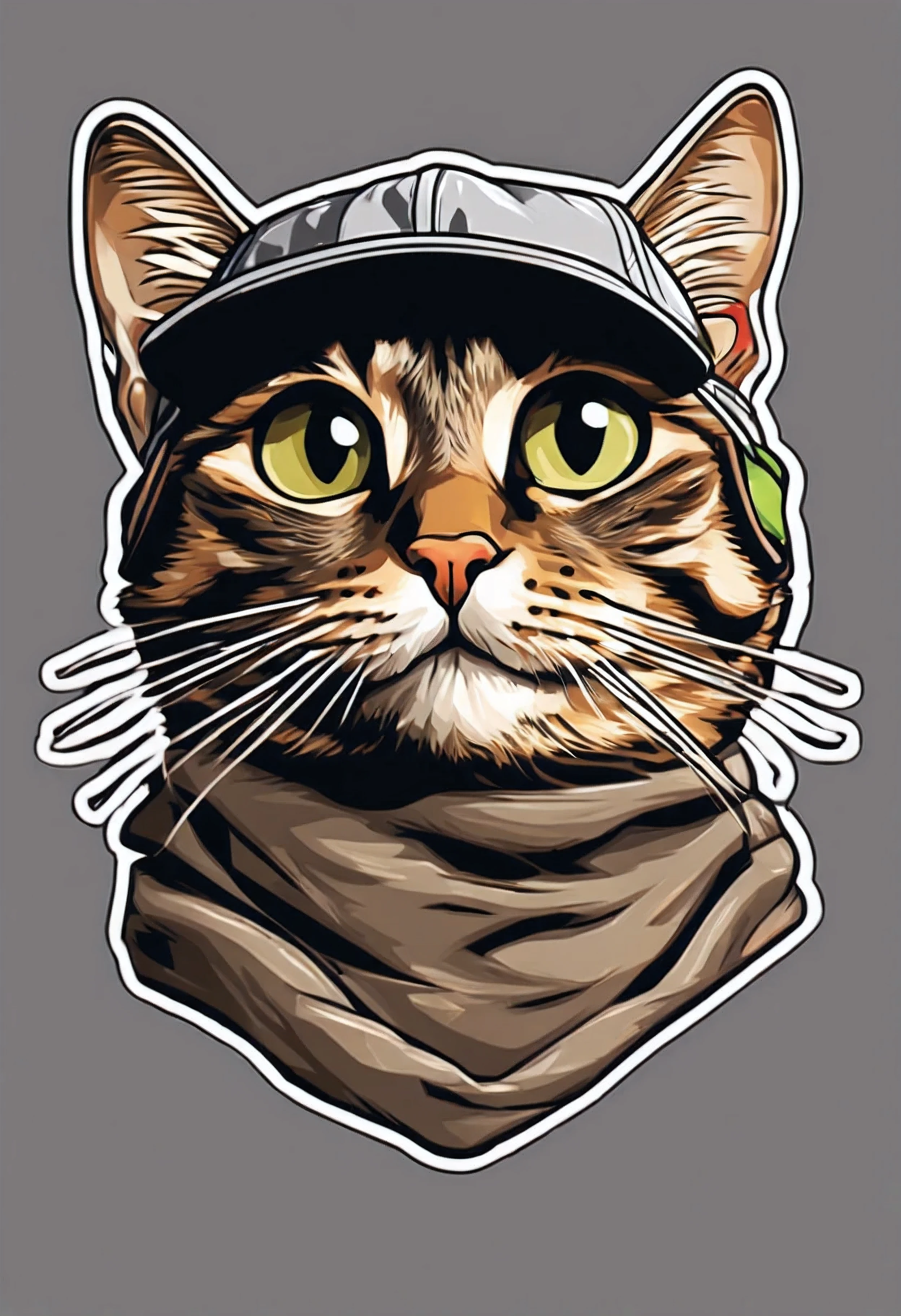 Hip hop themed brown tabby cat head cap print path style art sticker , Centered 1 cm from the edge of the image, medium gray color background