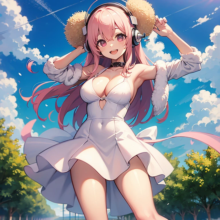 Super sonico , high quality , good hand , perfect face , big boobs ,standing split leg , 18 years old , 8k wallpaper , wedding dress , smile , sakura garden, bright day