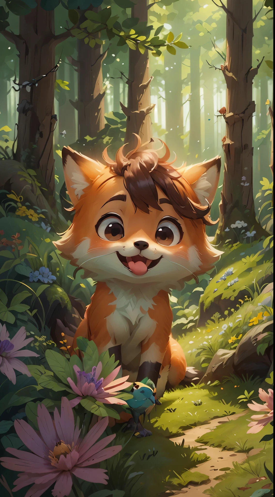 A clearing in the forest,A cute fox,Play in the forest,up front view, closeup cleavage, Pixar cinematic style, Best quality, cinematic Film still from, extreamly cute, largeeyes, The eyes are bright, Birds and flowers around, Flowers bloom outside the cave, with her mouth open, Happy,