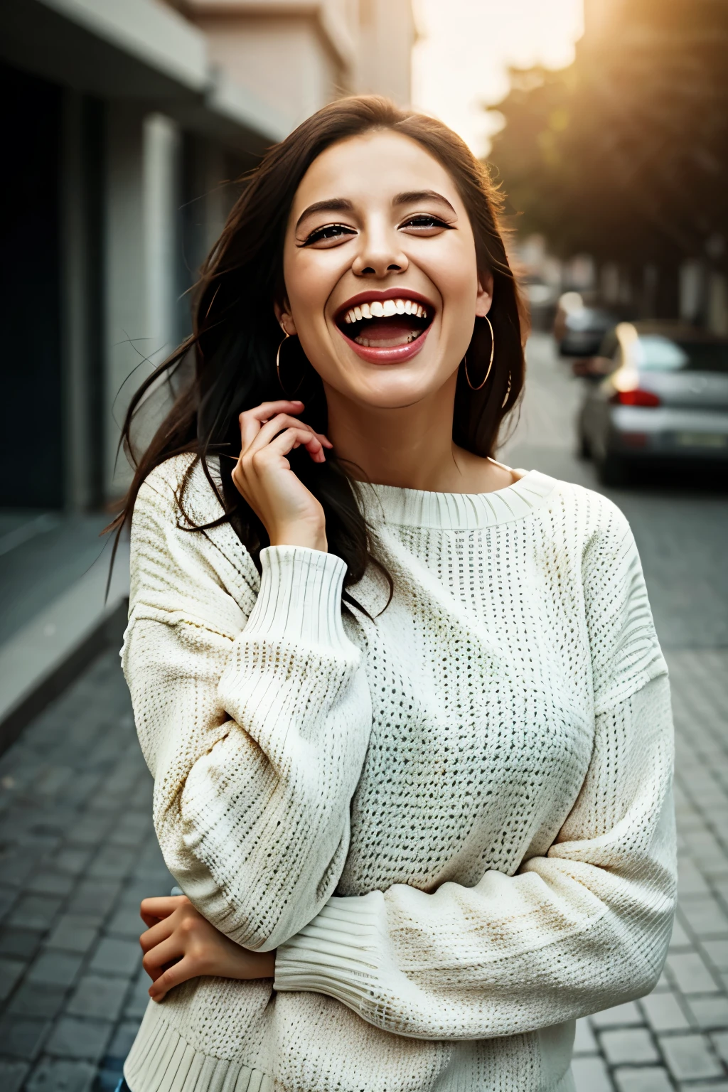 masterpiece, top quality, ultra detailliert, high resolution, ultra high definition, 8k size wallpaper, offcial art, production art, skin quality improvement, a woman, sweater on, upper body, (huge Laughing:1.4), (open mouth:1.2), (wide open eyes), sun glare, bokeh, depth of field, blurry background, light particles, strong wind, (heart particles),