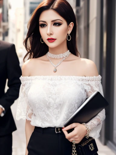 Lebanese lady, diamond dangling earrings, necklace, bracelets, small breasts, 40 years old, smokey eyes, cleavages, business suits, red lips, city, embarrassed, sad, eyes closed, feminine purse, heavy makeup, white lace off-shoulder shirt, choker