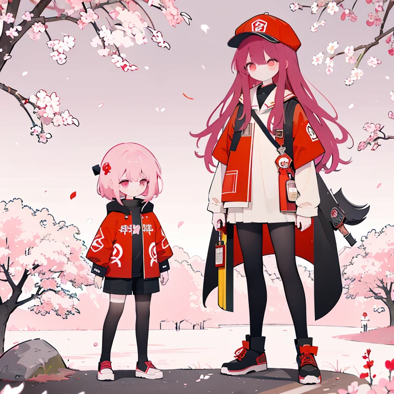 red bread hat,black eyepatch,pink long wavy hair,Bang style bangs,red cloak,yellow short pants,A girl with slightly closed eyes standing among cherry blossom trees