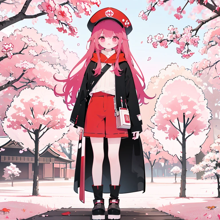red bread hat,black eyepatch,pink long wavy hair,Bang style bangs,red cloak,yellow short pants,A girl with slightly closed eyes standing among cherry blossom trees