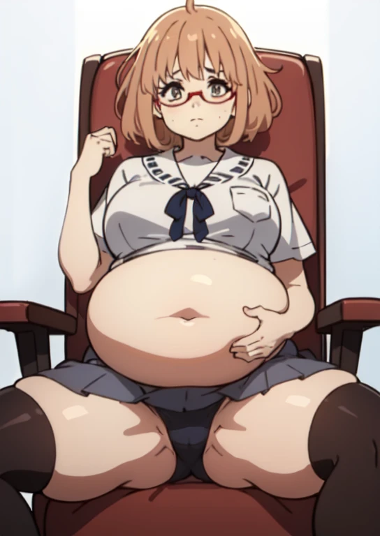 (masterpiece, best quality), 1girls, big belly, blurry background, huge belly, art by kipteitei, round belly, chubby, curvy, white button-up shirt, skirt, thighhighs, simple_background, gradient_background, belly bursting out of shirt, belly grab, enormous belly, fat belly, thicc, bigger belly, sitting on chair, really big belly, jiggly belly, shirt covering belly, belly cover by shirt, glasses