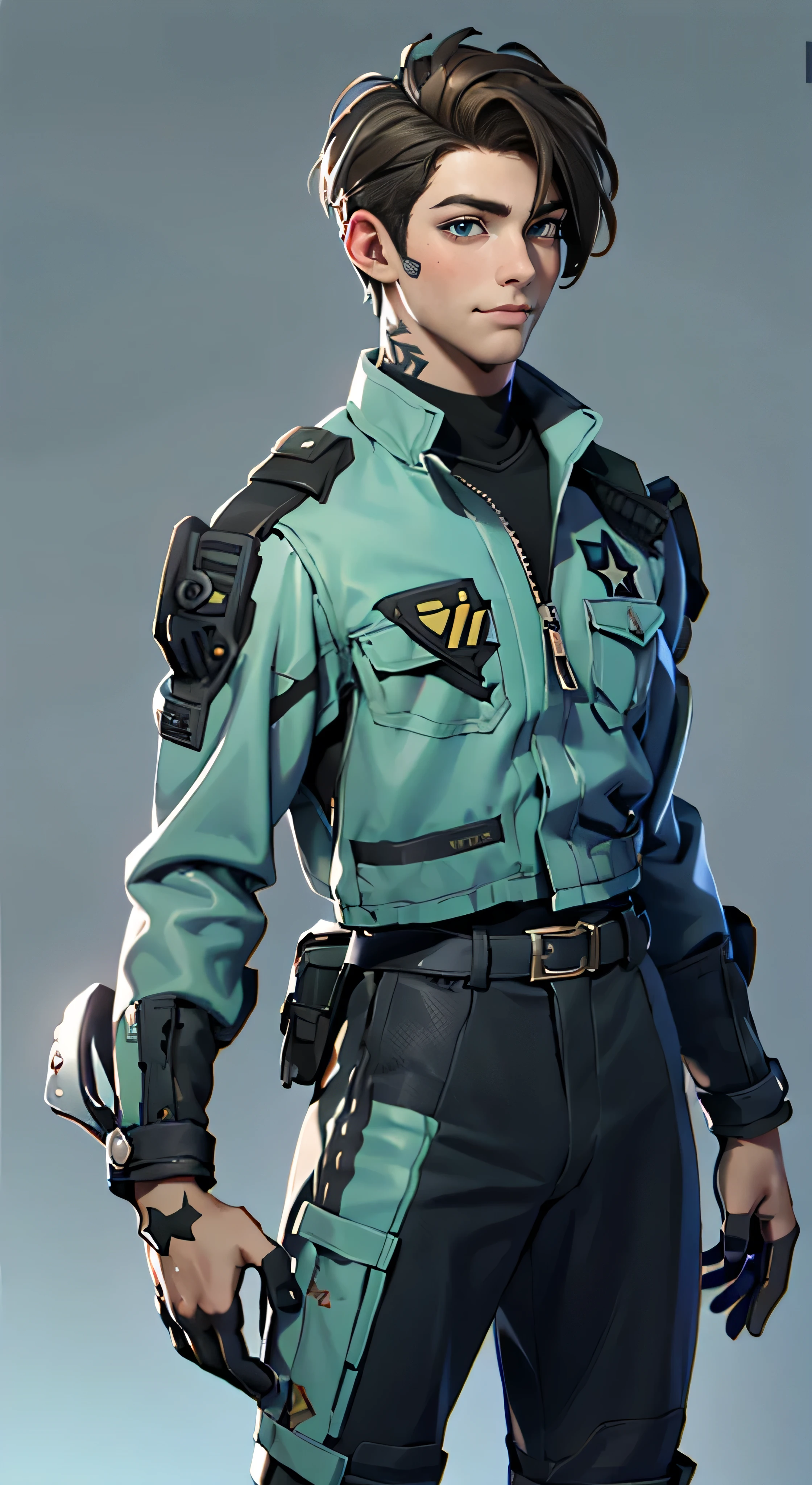 11:23(((Best quality: 1.4))),(Unbeatable masterpiece), (hyper HD),(Hyper-realistic 8k CG)、（of clothes&#39;University teacher&#39;don&#39;t show your waist）（dark colored hair） ((( body))), (((1 male))), 25-year-old American soldier with perfect body,,Beautiful and well groomed face,muscular body:1.2,detailed solid color jacket, (Pictures from head to thighs)， Complex equipment, Dark Green，long trousers，Close-fitting clothes are dark，With white stars and off-white stripes,,,,,Metal electronic parts for armor, Poison tattoos )