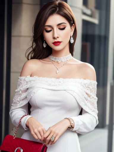 Lebanese lady, diamond dangling earrings, necklace, bracelets, small breasts, 40 years old, smokey eyes, cleavages, business suits, red lips, city, embarrassed, sad, eyes closed, feminine purse, heavy makeup, white lace off-shoulder shirt, choker