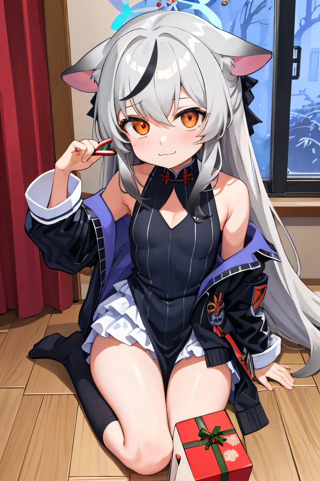 tmasterpiece, best qualtiy, ultra - detailed, 1girll,Gray hair Kokona, inside in room, Orange eye, :3,the face, closeup cleavage, Christmas outfit, Christmas atmosphere