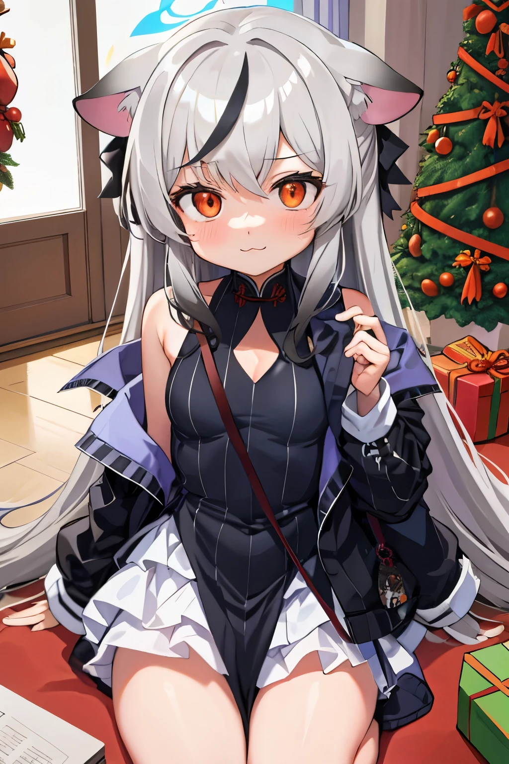 tmasterpiece， best qualtiy， ultra - detailed， 1girll，Gray hair Kokona， inside in room， Orange eye， ：3，the face,  closeup cleavage,  Christmas outfit, Christmas atmosphere