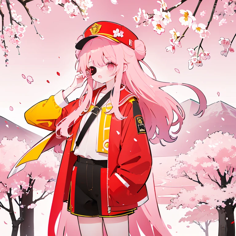 A girl with slightly closed eyes, wearing a red cape and yellow short pants, with long pink wavy hair wearing a red bun hat and a black eyepatch, standing among cherry blossom trees.