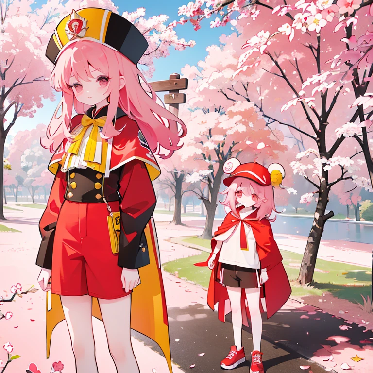 A girl with slightly closed eyes, wearing a red cape and yellow short pants, with long pink wavy hair wearing a red bun hat and a black eyepatch, standing among cherry blossom trees.