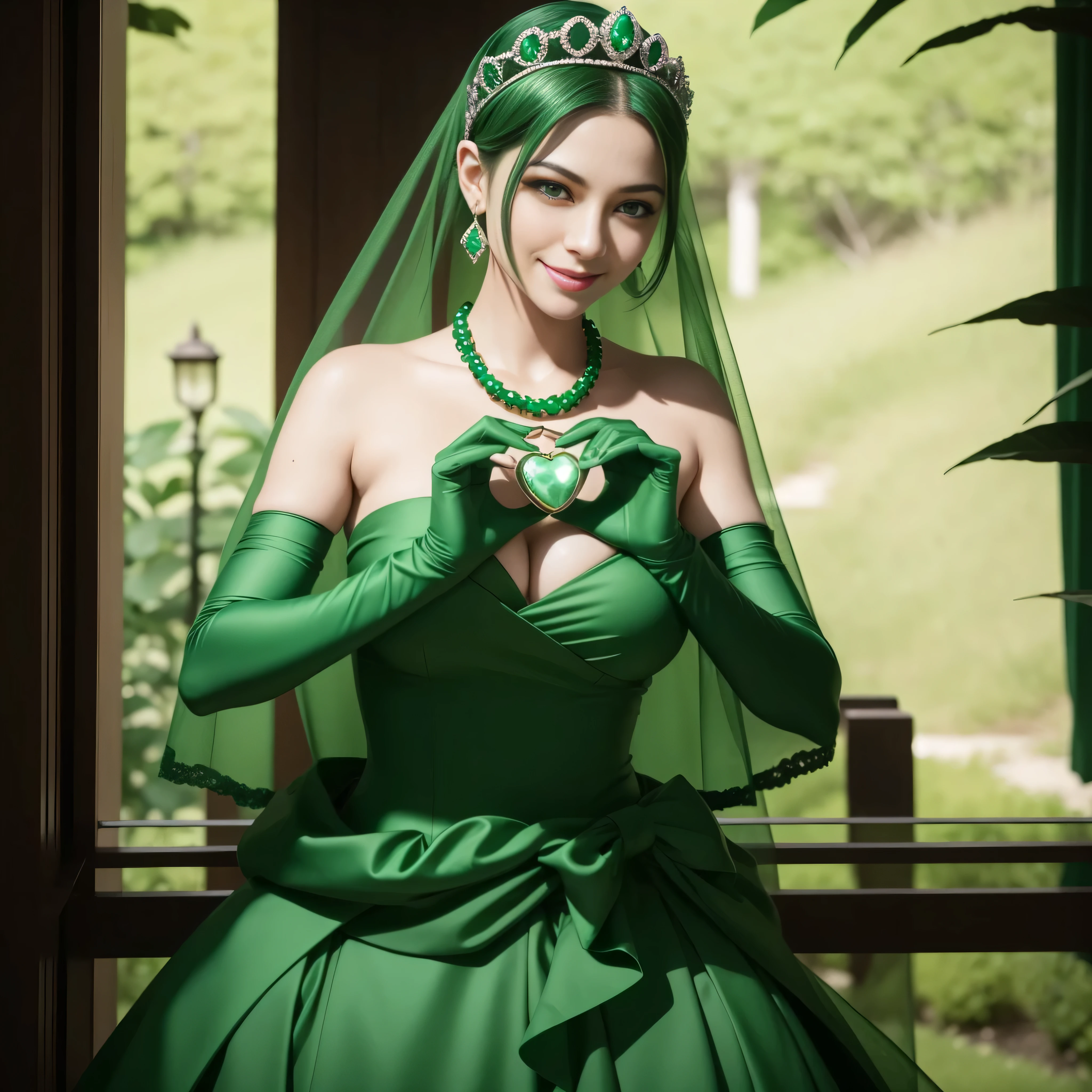 emerald tiara, Green Pearl Necklace, Boyish very short green hair, lipsticks, Japan woman smiling, very short short hair, big breasts beautiful, Green eyes, Long green gloves made of satin material, Green eyes, Emerald Earrings, green vale, 両Heart in the hand, Heart in the hand