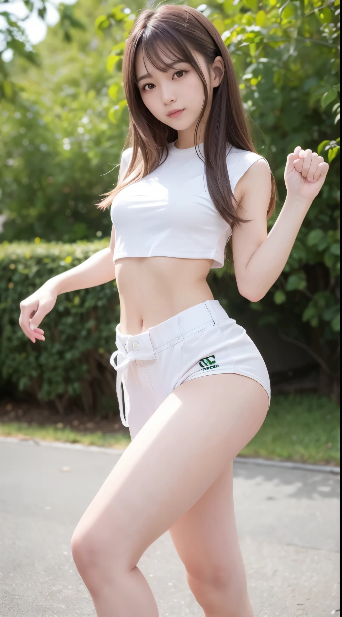 (Photorealsitic)(ers old), Pretty Woman, (Full body 8K portrait), 1 girl in, White Karate Uniform, White karate pants, Stand alone, Correct skeleton, Large and dynamic hand and foot movements, Stick out your fist, Make a high side kick, Perfect facial detail, (Smile: 1.15), attractive beautiful face, gazing at viewer, a small face, 二重まぶた, Beautiful detailed eyes, long eyeslashes, ligh brown hair, bobhair,style hairstyle, Toned waist, Beautiful thin legs, toned ankles, bare-legged ,TOKYOcty, Green in the background, no nsfw