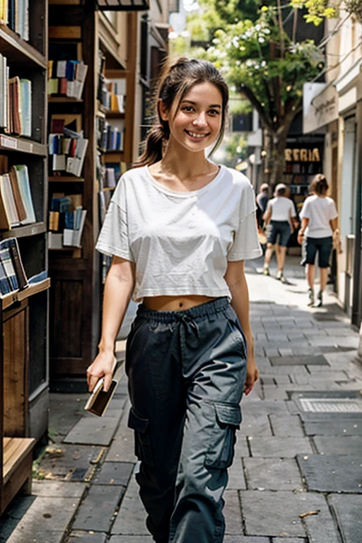 brunette with medium length ponytail,  wearing loose long white t-shirt, baggy dark grey cargo pants, she's smiling and having fun, walking through a quiet street full of book shops. lots of afternoon light shining through. Full body shot. analog. kodak kodachrome