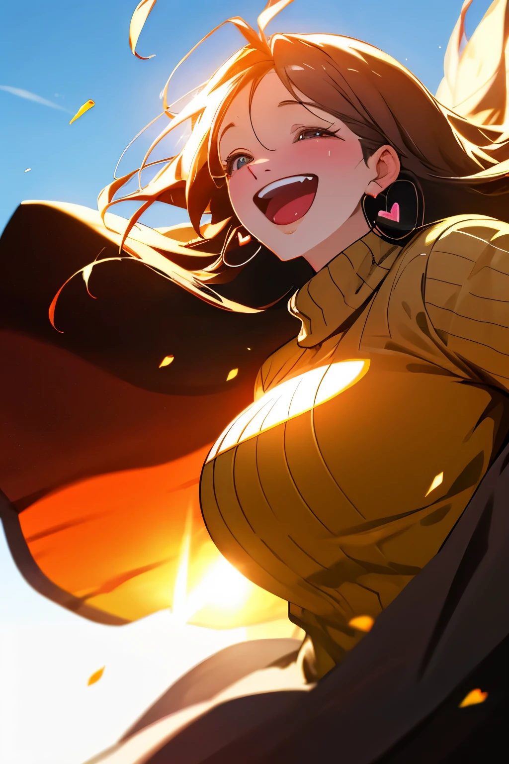 masterpiece, top quality, ultra detailliert, high resolution illustrations, ultra high definition CG, 8k size wallpaper, offcial art, production art, skin quality improvement, a woman, sweater on, upper body, (huge Laughing:1.4), (open mouth:1.2), (wide open eyes), sun glare, bokeh, depth of field, blurry background, light particles, strong wind, (heart particles),