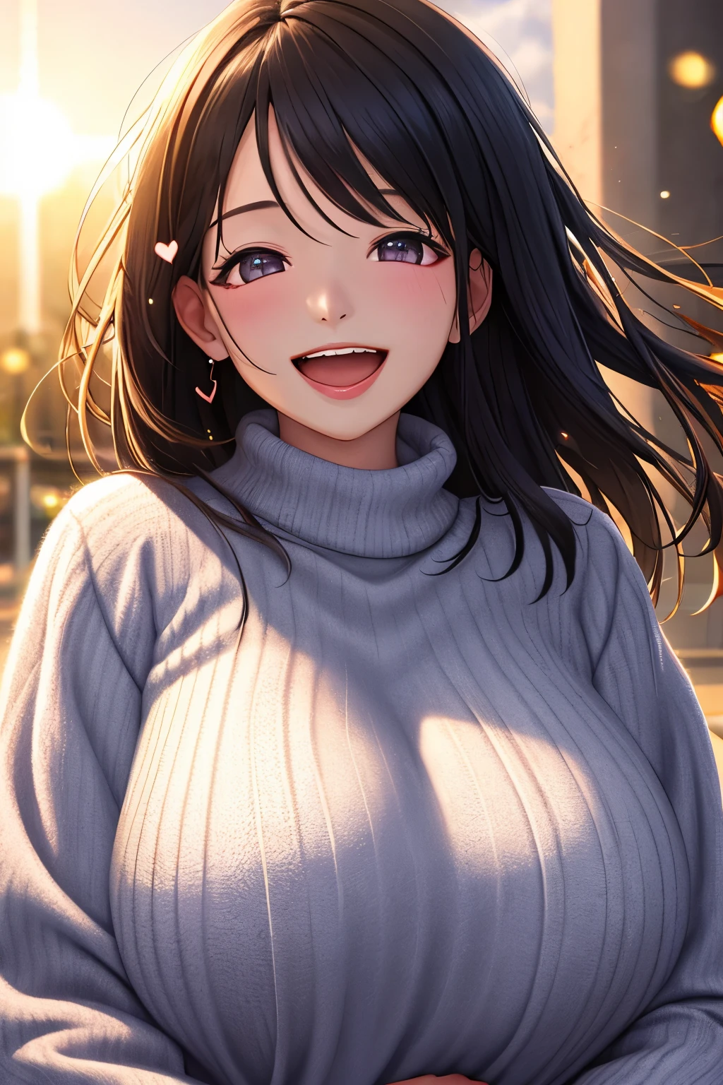 masterpiece, top quality, ultra detailliert, high resolution illustrations, ultra high definition CG, 8k size wallpaper, offcial art, production art, skin quality improvement, a girl, cosy sweater on, upper body, (huge Laughing:1.4), (open mouth:1.2), (wide open eyes), sun glare, bokeh, depth of field, blurry background, light particles, strong wind, (heart particles),