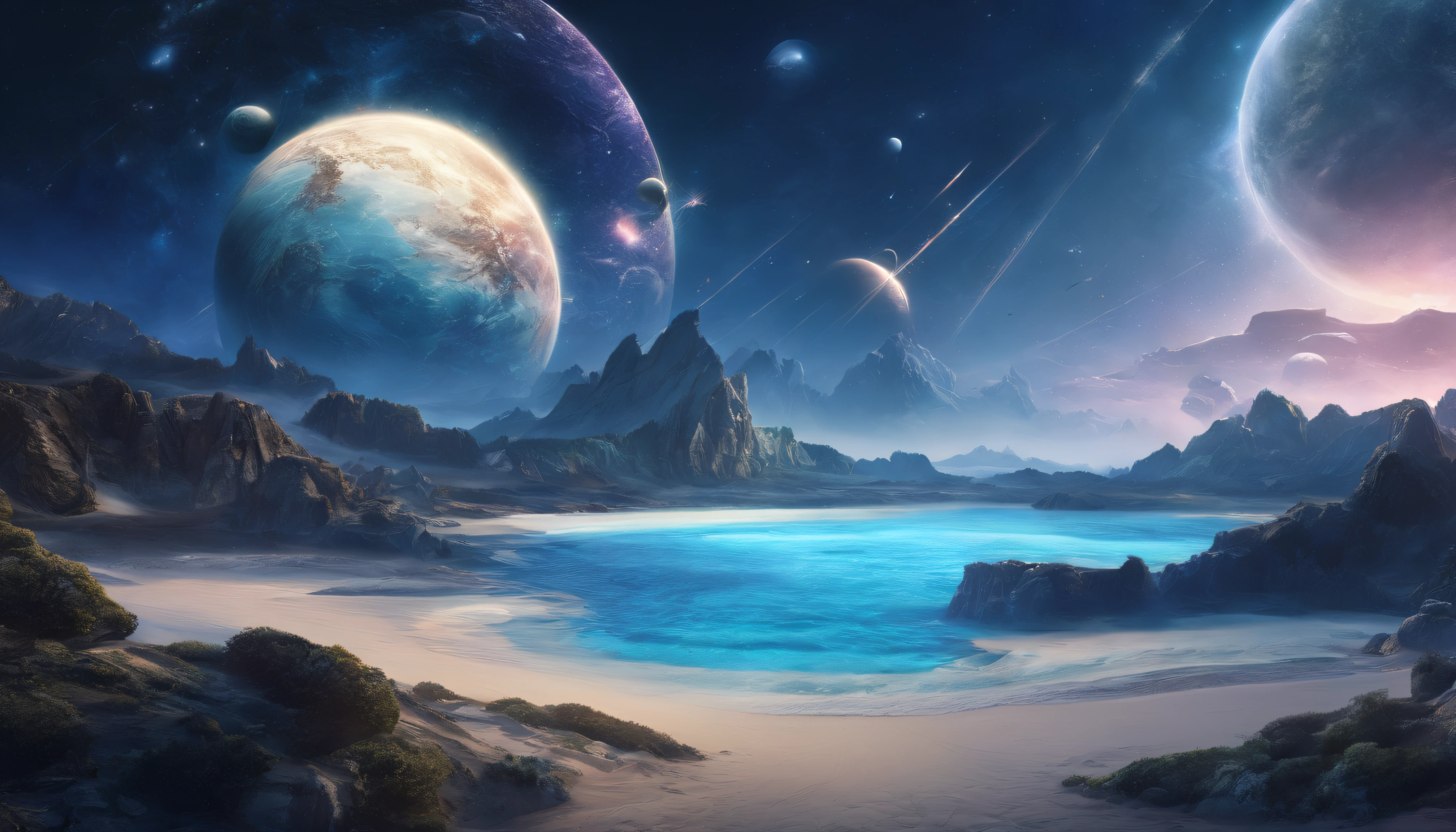Huge planet, natta, starrysky, ultra-realistic realism, On the table, A high resolution、Impressive galaxy:1.9、sandbeach、vast blue ocean、blue glacier、salama:1.9、Protoplanets、pure beauty