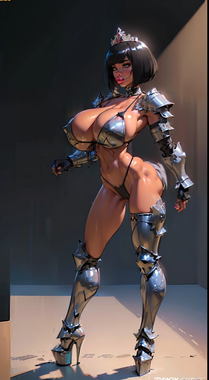 woman, bobcut, blondehair, ((black skin:1.4)), adorned in medieval armor, twerking, metal muscles, emanating a medieval elegance and marvel, armor pump boots, chrome bra, chrome silver tiara, small armband, (shoulder armor), gauntlets, ((armored bikini:1.4)), sword, shield, exposed midriff, (puffy lips:1.3), detailed eyes, ((slendered abs:1.2)),(((gigantic breasts:1.5))), wide hips, (puffy lips:1.5), slender abs,rim lighting, side light, (((cinematic light))), ultra high definition, 8k, film grain,best shadow, light particles, detailed skin texture, detailed gem armor texture, detailed face, intricate details, super detailed, bright, spiked heel boots