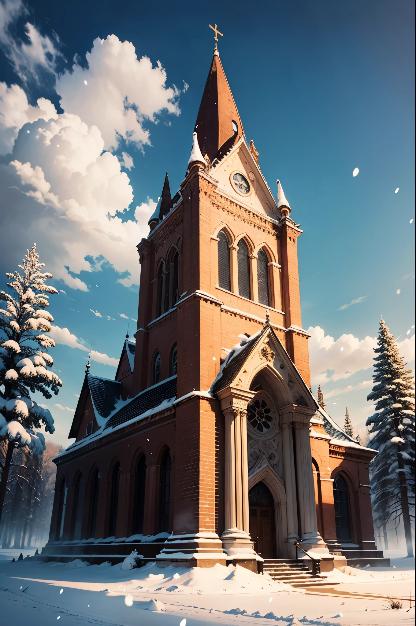 Winter wonderland, snowfall, sky, church