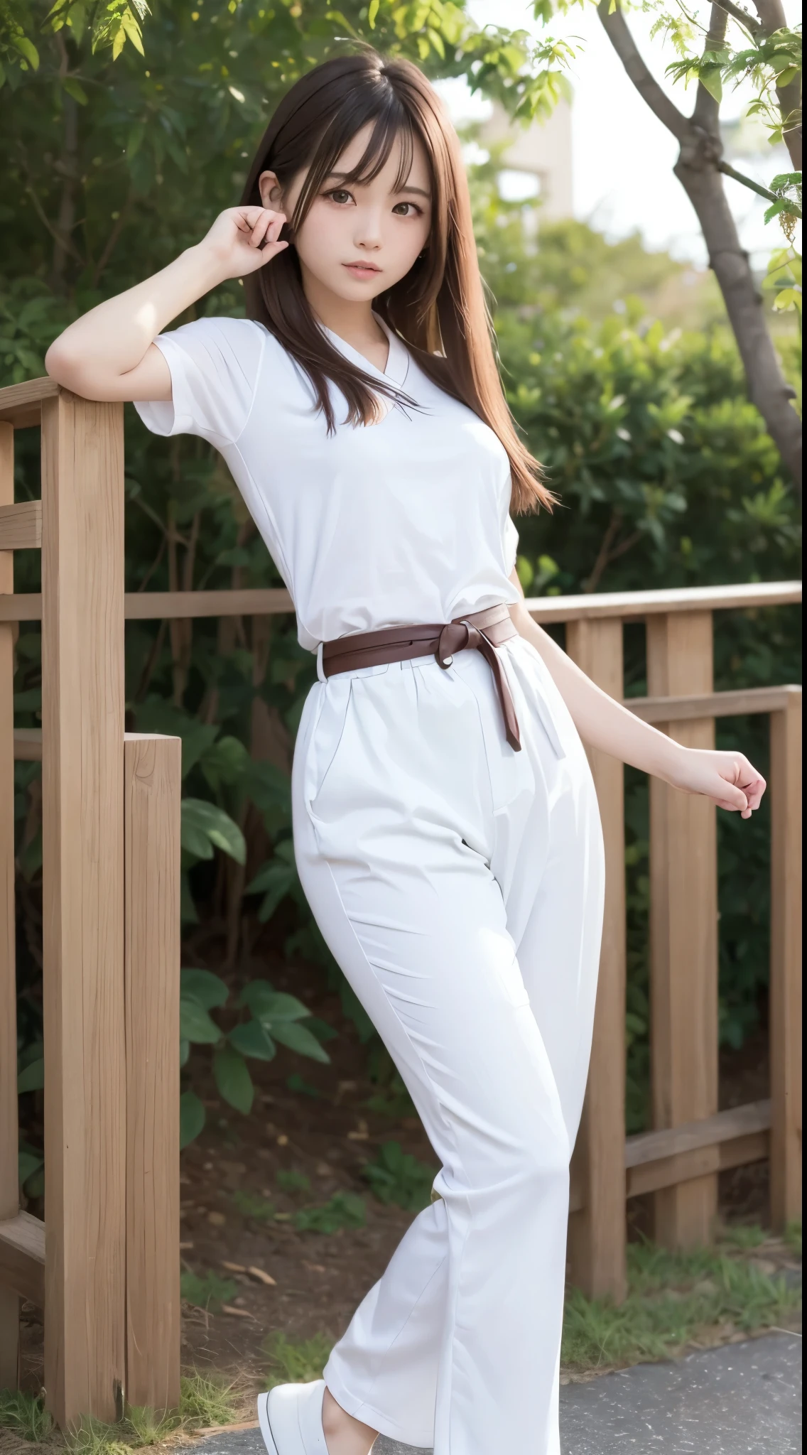 (Photorealsitic)(10yaers old), Pretty Woman, (Full body 8K portrait), 1 girl in, White Karate Uniform, White karate pants, Stand alone, Correct skeleton, Large and dynamic hand and foot movements, Stick out your fist, Make a high side kick, Perfect facial detail, (Smile: 1.15), attractive beautiful face, gazing at viewer, a small face, 二重まぶた, Beautiful detailed eyes, long eyeslashes, ligh brown hair, bobhair,style hairstyle, Toned waist, Beautiful thin legs, toned ankles, bare-legged ,TOKYOcty, Green in the background, no nsfw