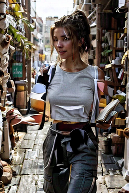brunette with medium length ponytail, wearing loose long white t-shirt, baggy dark grey cargo pants, she's smiling and having fun, walking through a quiet street full of book shops. lots of afternoon light shining through. Full body shot. analog. kodak, ultra high quality