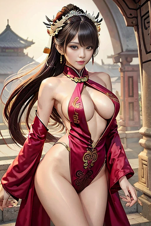 (((Photorealsitic))),(((masutepiece))),(((Best Quality))),(((hight resolution))),(((8KAnd then))),((realskin)),(lighting like a movie),((real human-like images)),(((ancient chinese queen))),a very beautiful woman,24 year old,Royal Palaces of Ancient China,Detailed patterned sheer fabric costume:1.5,((The front of the clothes is fluttering:1.5)),matchless beauty,Extraordinary sexy beauty,(Beautiful body like a model),Costumes fluttering in the wind,sexy pose,Sexy costume,Bewitching look