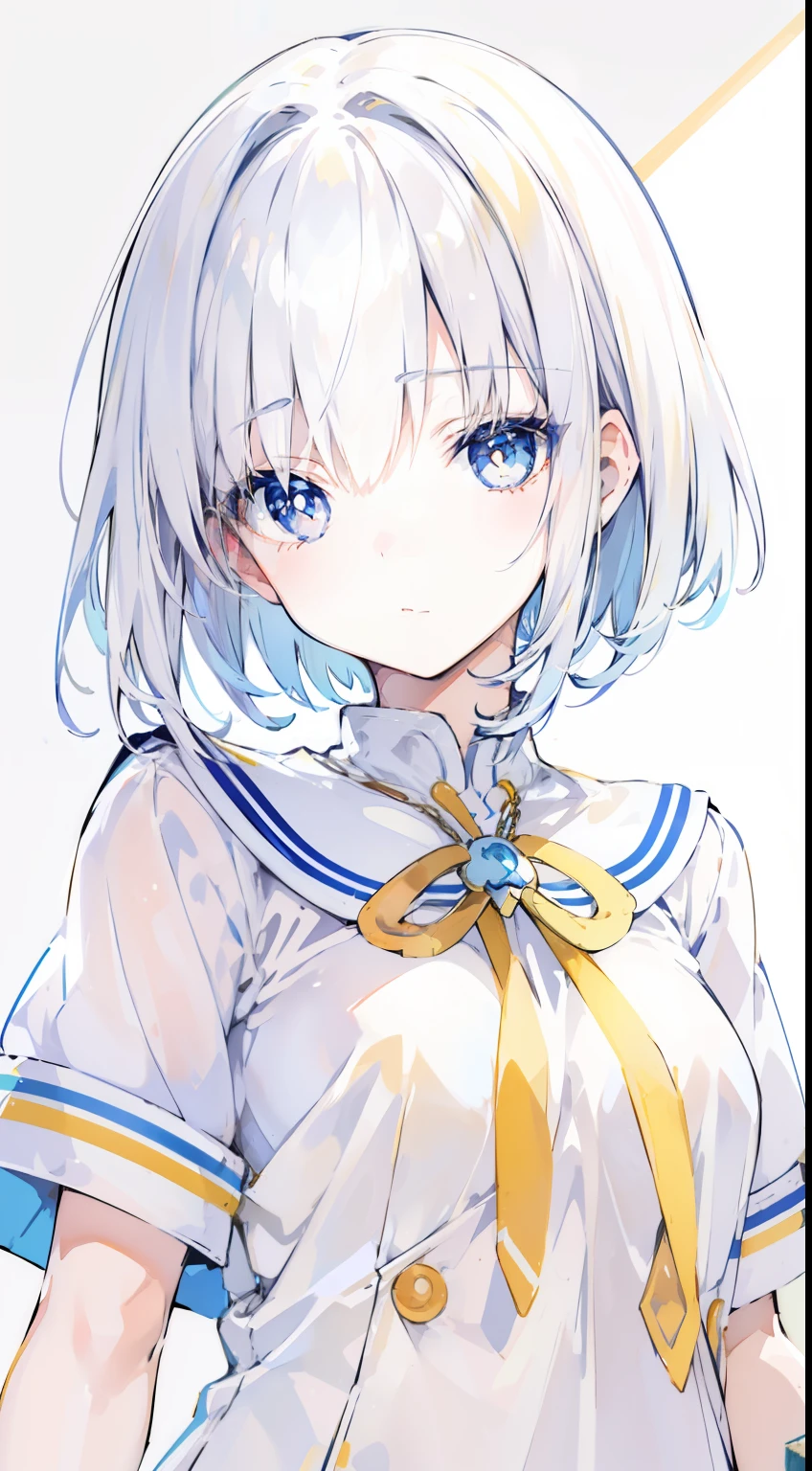 Relatively relaxed background,Short hair that reaches the neck in creamy white,Blue pupils,Two semicircular necklaces with yellow edges and milky breath,Wear the magical school student uniform that combines white and blue,She is a beautiful high school girl anime style, anime style like faay night, clean and meticulous anime style