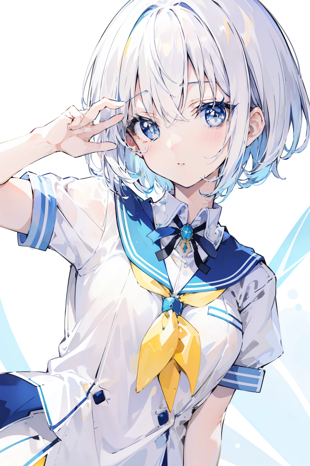 Relatively relaxed background，Short hair that reaches the neck in creamy white，Blue pupils，Two semicircular necklaces with yellow edges and milky breath，Wear the magical school student uniform that combines white and blue，She is a beautiful high school girl anime style, anime style like faay night, clean and meticulous anime style