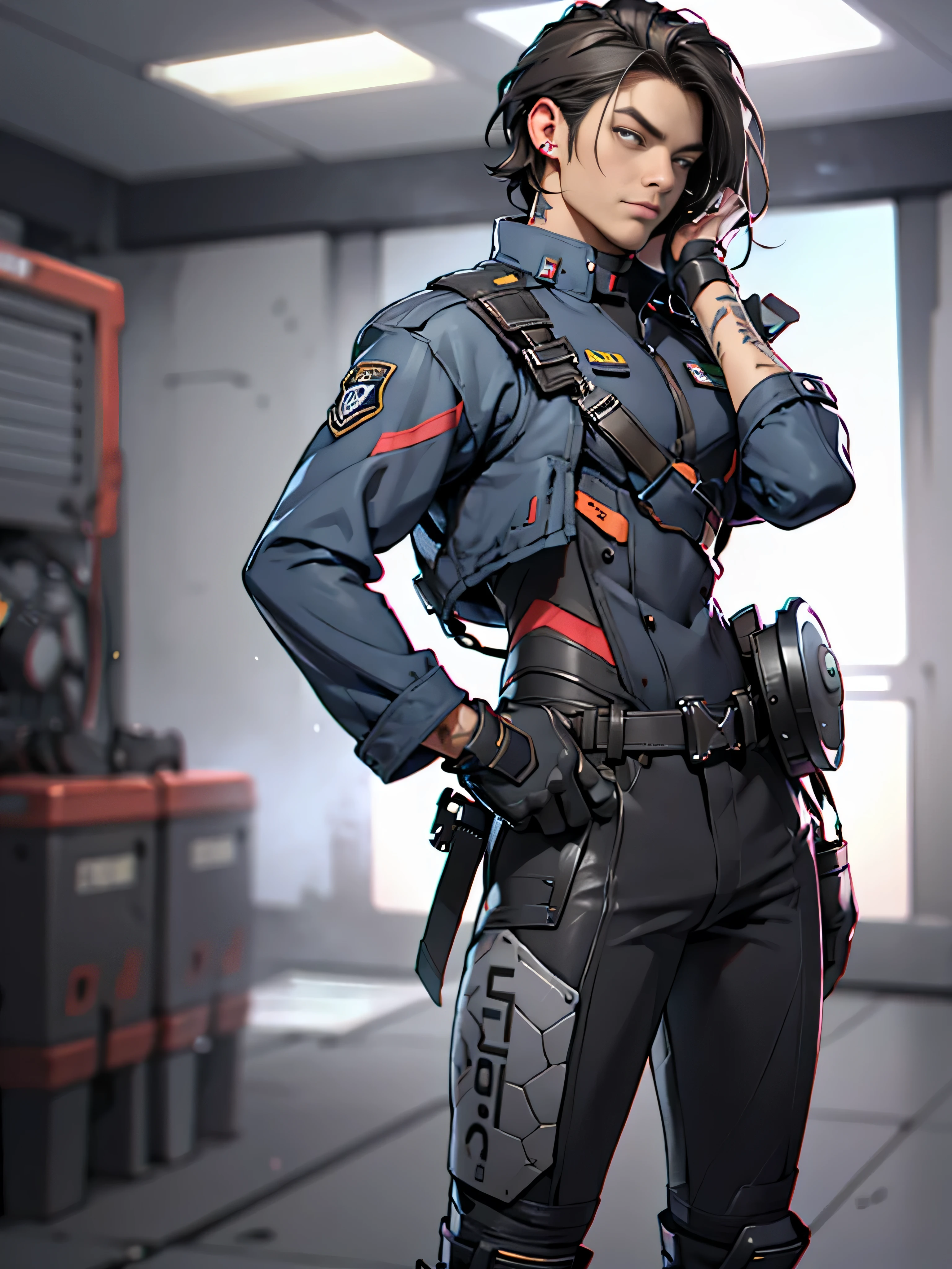 11:23(((Best quality: 1.4))),(Unbeatable masterpiece), (hyper HD),(Hyper-realistic 8k CG)、(army suit)(dark colored hair) ((( body))), (((1男性))), 40-year-old American soldier with perfect body,,Handsome face,muscular body:1.2,Solid royal blue jacket with details, (Pictures from head to thighs), Complex equipment,dark gray,long trousers,Do not expose waist and abdomen,The clothes inside are dark,Clothes with armored metal electronic parts, Poison tattoos )
