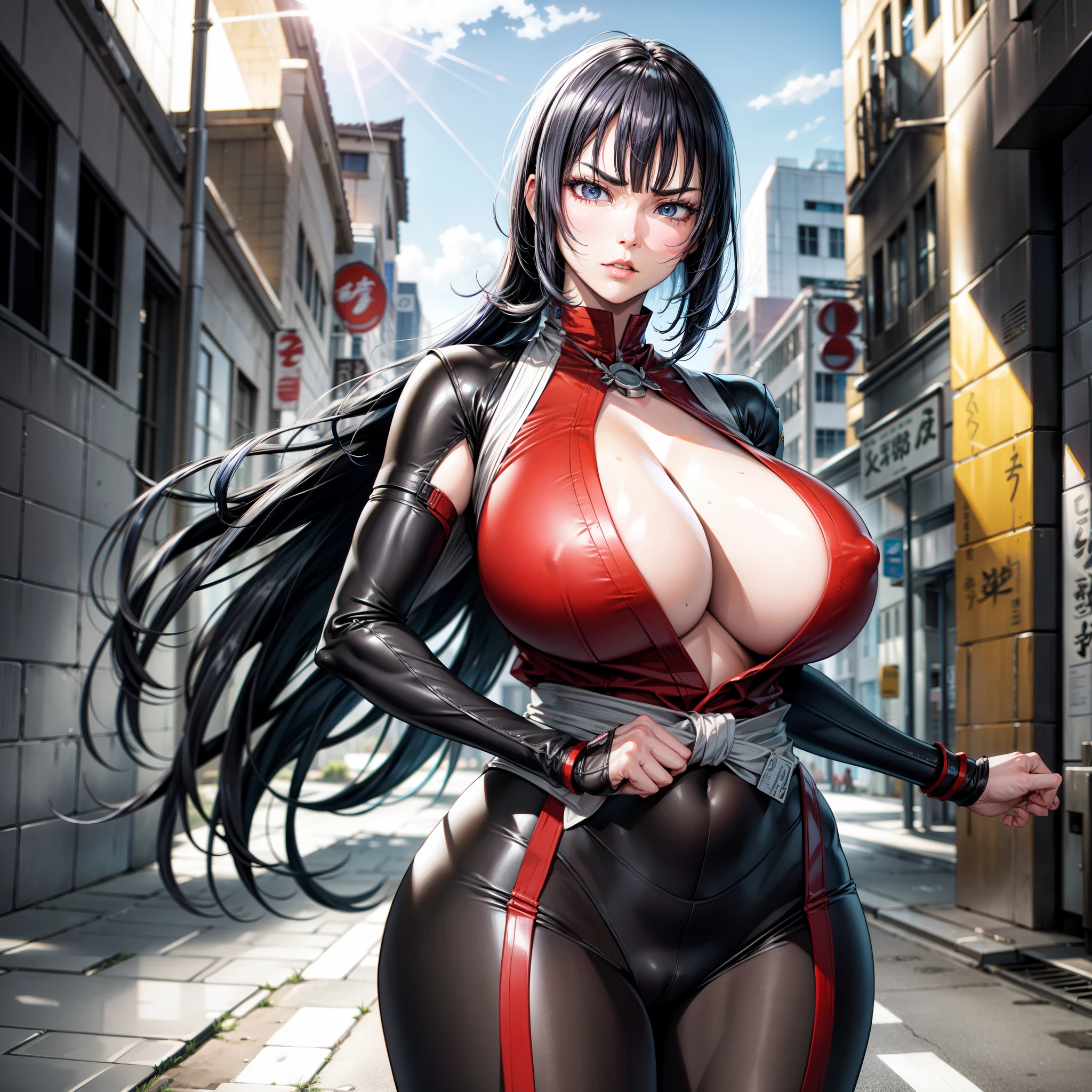 best quality, masterpiece, extremely detailed CG, extremely detailed 8K wallpaper, standing, HDR, 1girl, solo, outdoors, dojo, martial arts girl, dark Blue hair in a bob cut, cowboy shot, solo, looking at viewer, long hair, intricate details, hyper detailed, Beautiful Nose, Beautiful character design, facing viewer, huge breasts, slim waist, gigantic breasts, black eyes, wearing a white martial arts gi, wide eyes, Anime style, standing, pale skin, serious face, no expression, karate uniform, jet black eyes, arms at side, deadpan, standing up straight, facing viewer, sexy