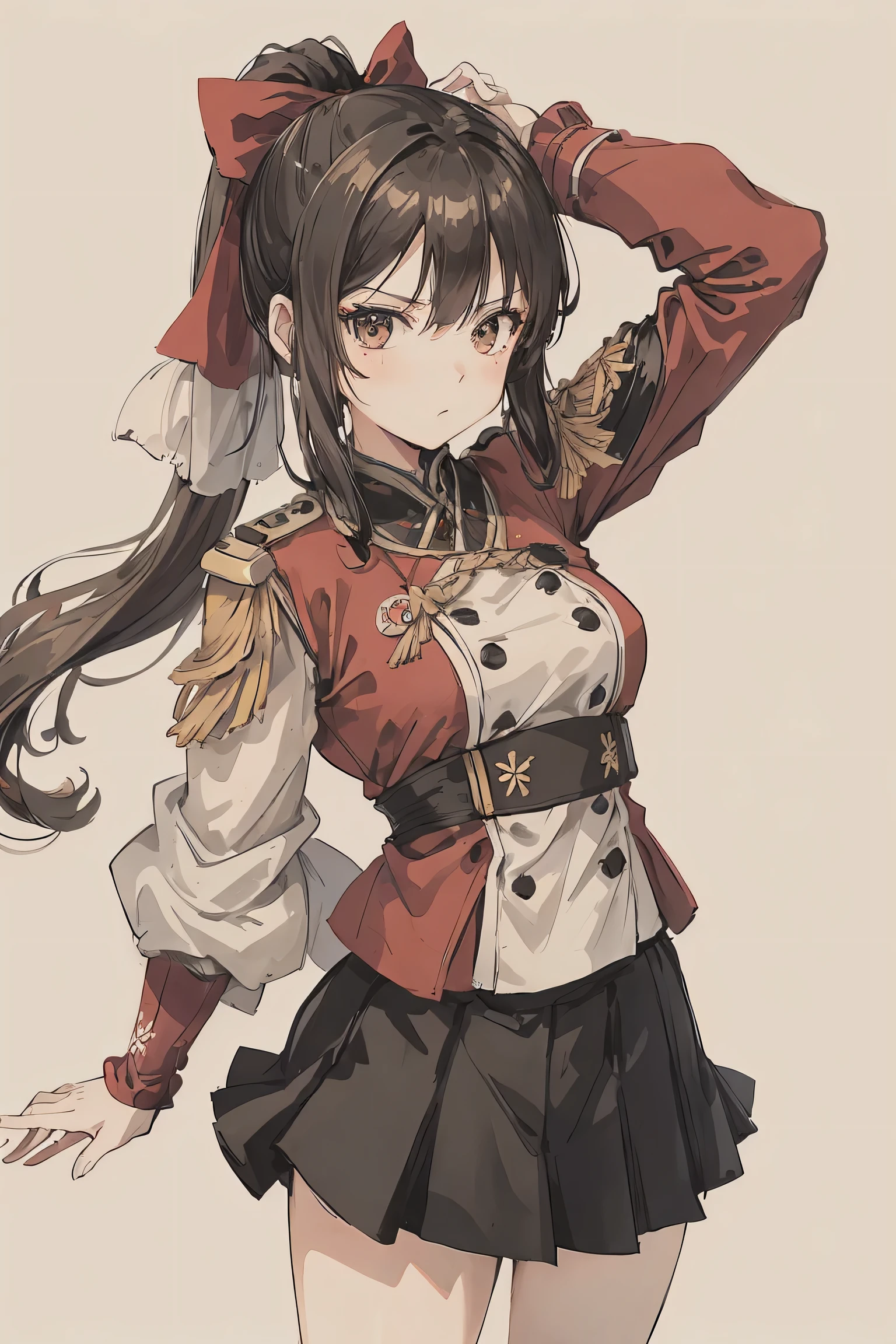 sparrow, a blonde haired girl, wearing a winter military uniform, curly medium hair, black skirt, winter red military uniform, slim body, serious face, ponytail, medium breasts, she close her left eye, shirt ornament, black hair ribbon